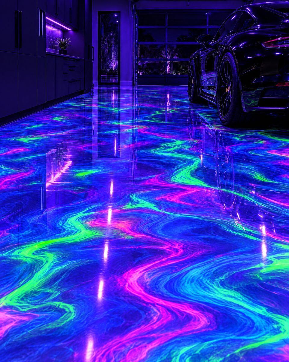 Marbled glow floor in a dark garage under black light