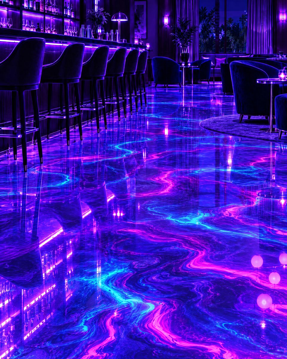 Lounge bar with a floor glowing blue, pink and cyan under black light