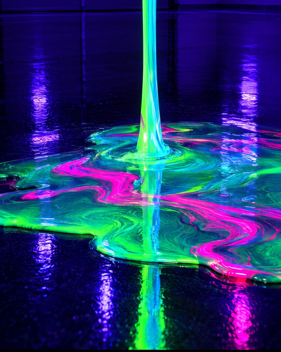 Neon green and pink resin being poured onto a dark floor under black light